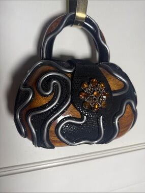Timmy Woods Black and Brown Decorative Women’s Handbag with Amber Crystal Accent